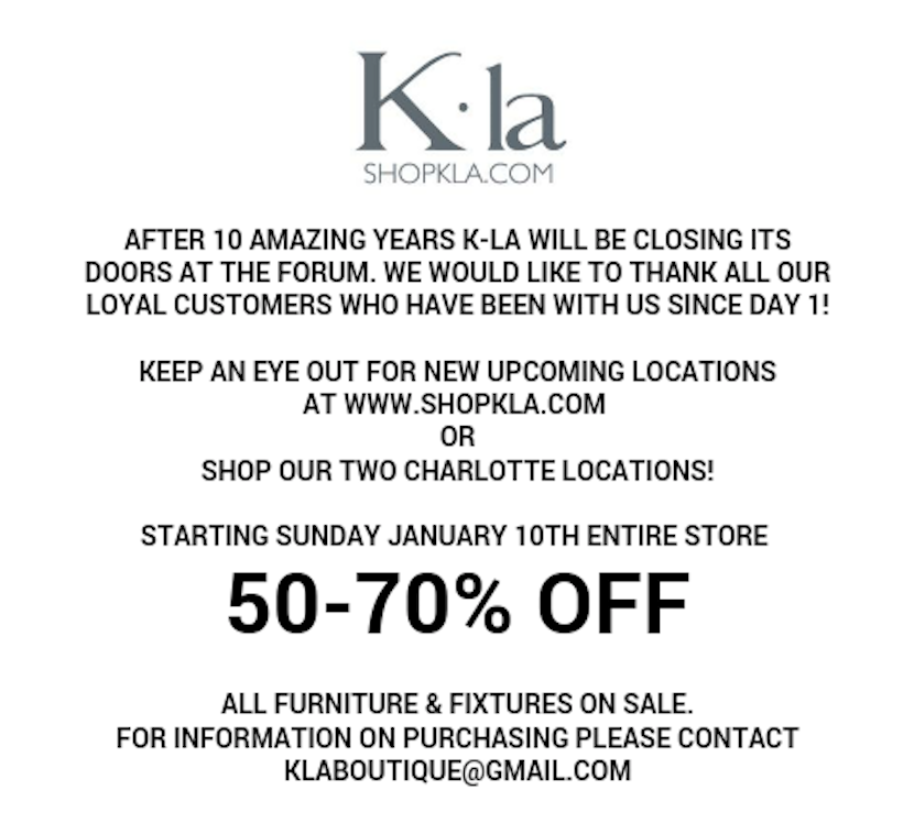 K-La Boutique Closing At The Forum