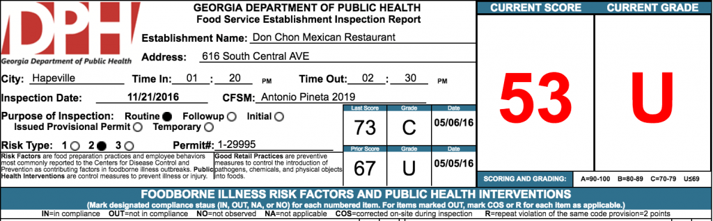 Don Chon Mexican Restaurant - Failed Restaurant Health Inspection