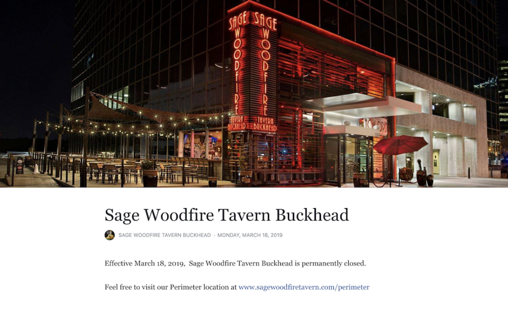 Sage Woodfire Tavern Buckhead Closed